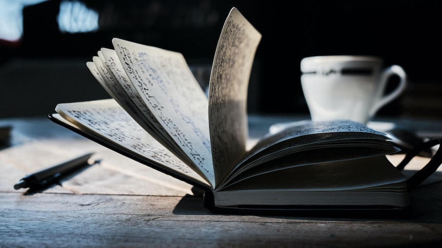 Darkly lit photo of a desk with an open book with illegible scrawling, with a teacup behind it and a pen to the side.