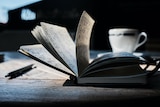 Darkly lit photo of a desk with an open book with illegible scrawling, with a teacup behind it and a pen to the side.