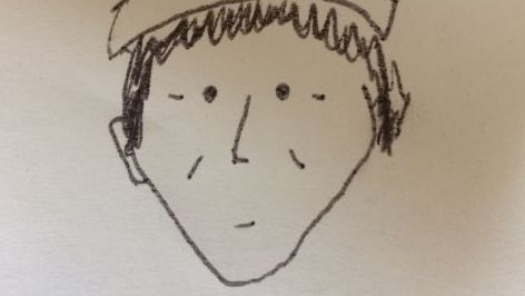 A line childlike drawing of a suspected thief, showing no eyebrows and small circles for eyes.
