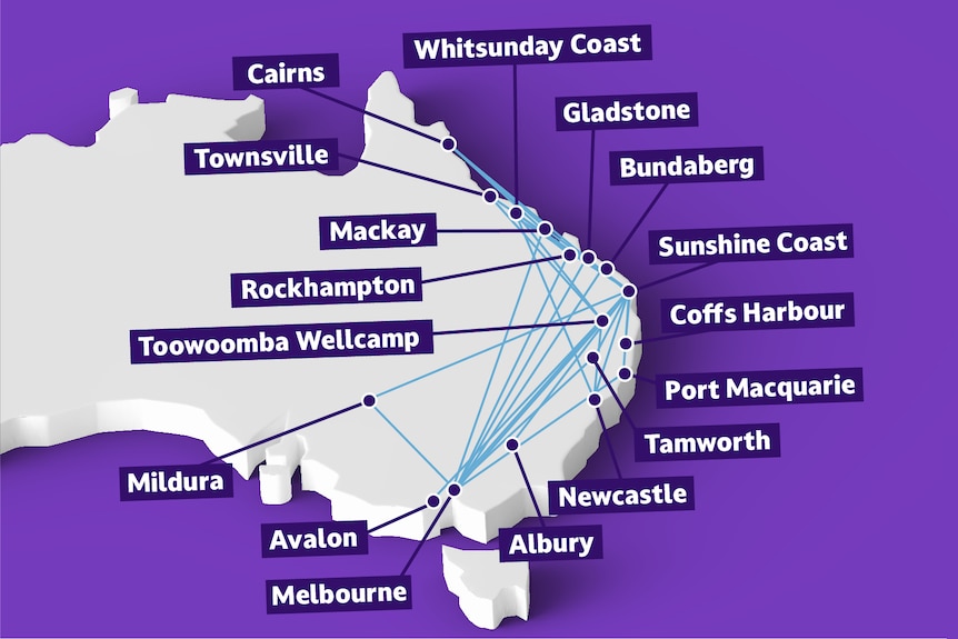 A map of Australia showing flight routes between various regional locations 