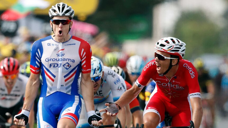 Arnaud Demare celebrates stage win at Tour de France