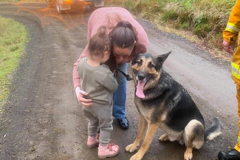 a woman hugs her toddler and dog