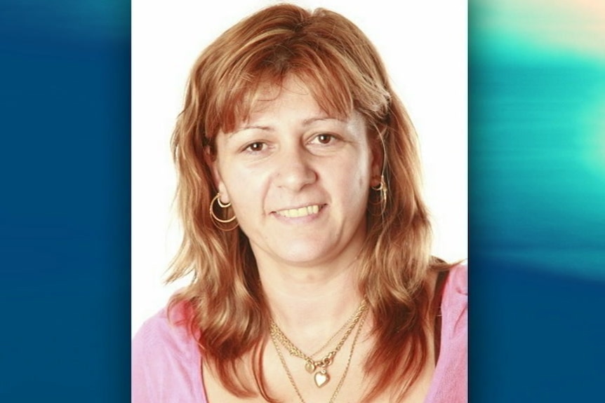 A composite photo of a woman wearing a pink shirt with a blue backdrop