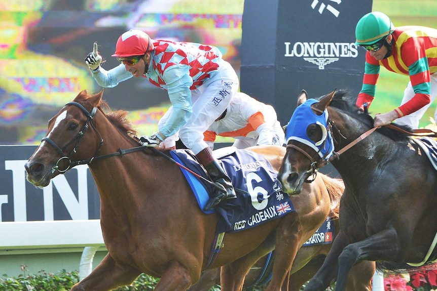 Gerald Mosse celebrates Red Cadeaux's win in the Hong Kong Vase at Sha Tin racecourse.