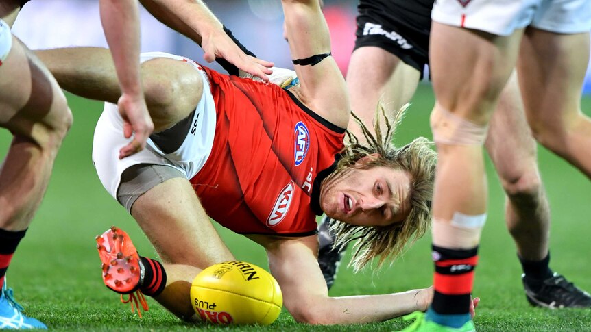 Dyson Heppell on the ground for the Bombers against the Power at Adelaide Oval.