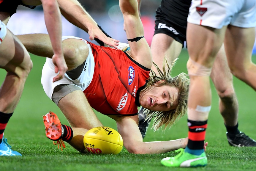 Dyson Heppell on the ground for the Bombers against the Power at Adelaide Oval.