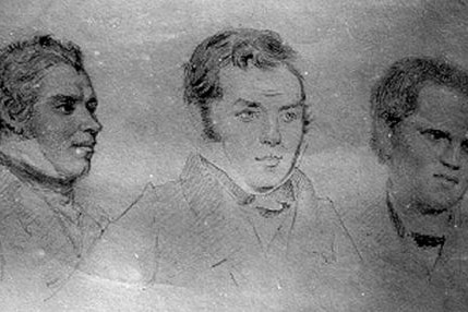 Old drawing of three men in suits