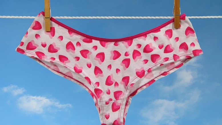 A pair of women's underwear on a clothesline