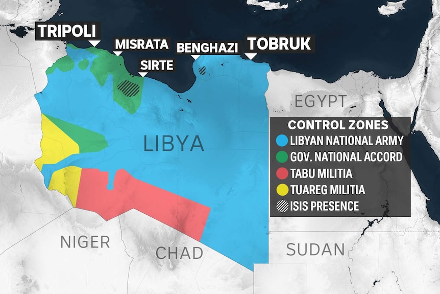 A map shows areas of Libya controlled by various groups.