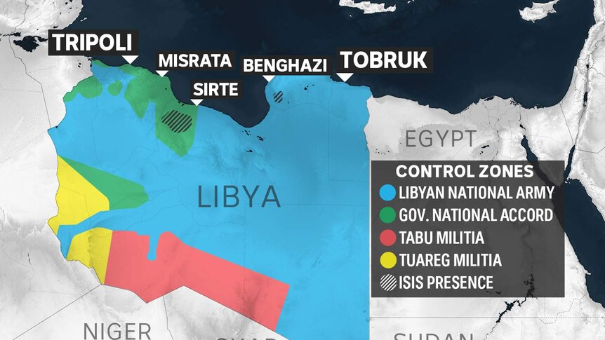 A map shows areas of Libya controlled by various groups.