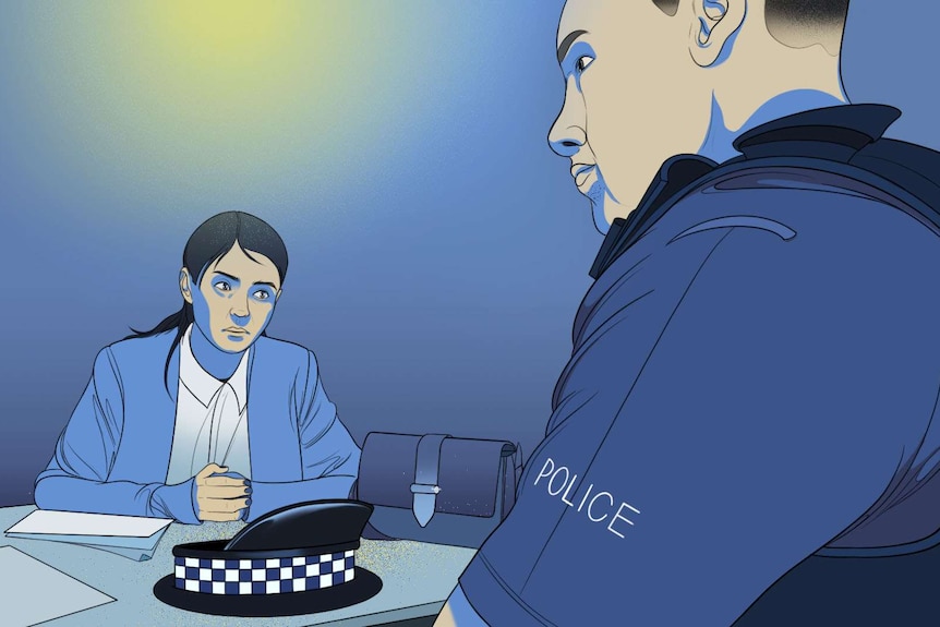 An illustration shows a woman sitting across a desk from a police officer
