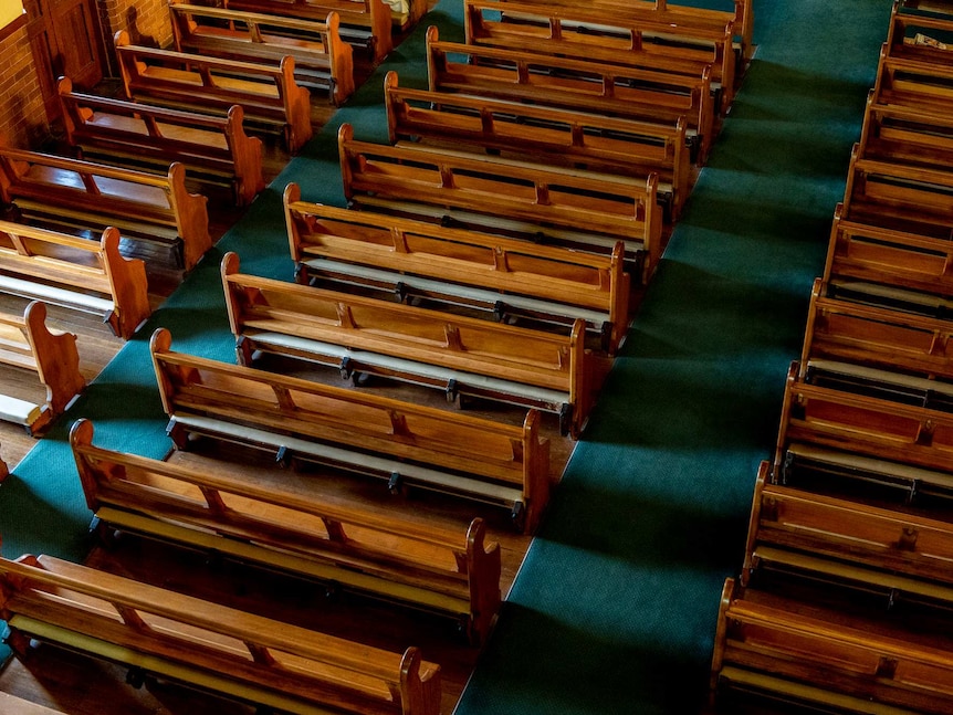 Rows of empty wooden seats on green carpet