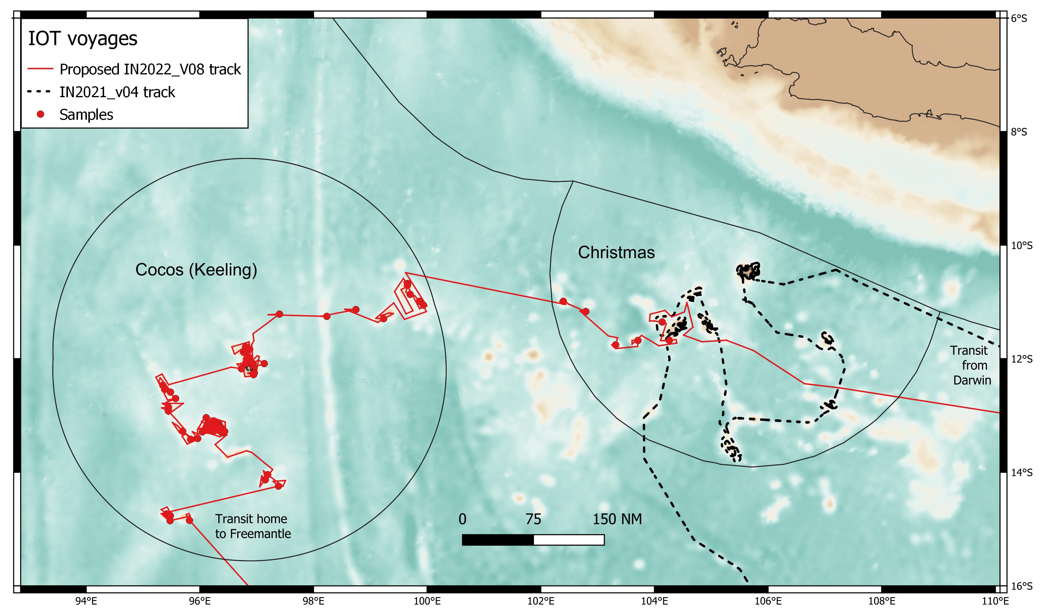 A map of the Cocos and Christmas Islands, with a line showing where the ship will travel