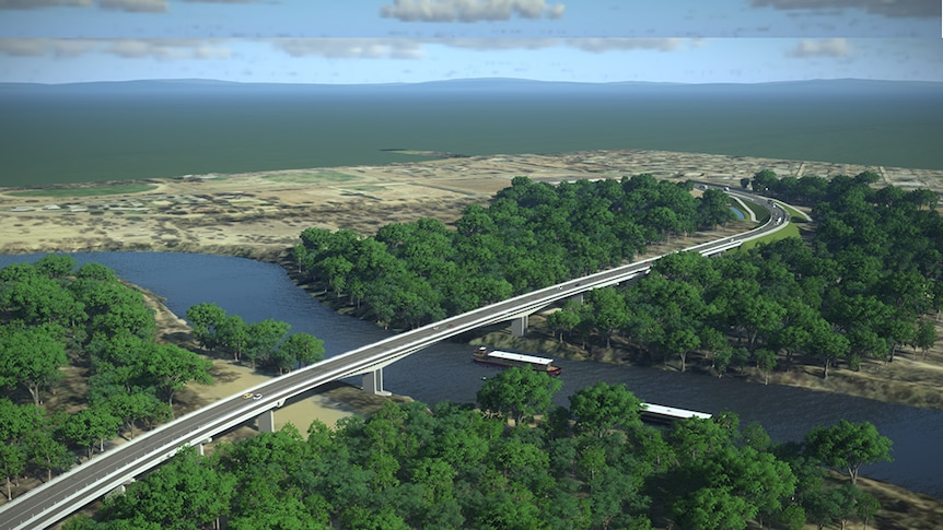 Bird's eye view of the newly constructed road and bridge connecting the towns of Echuca and Moama