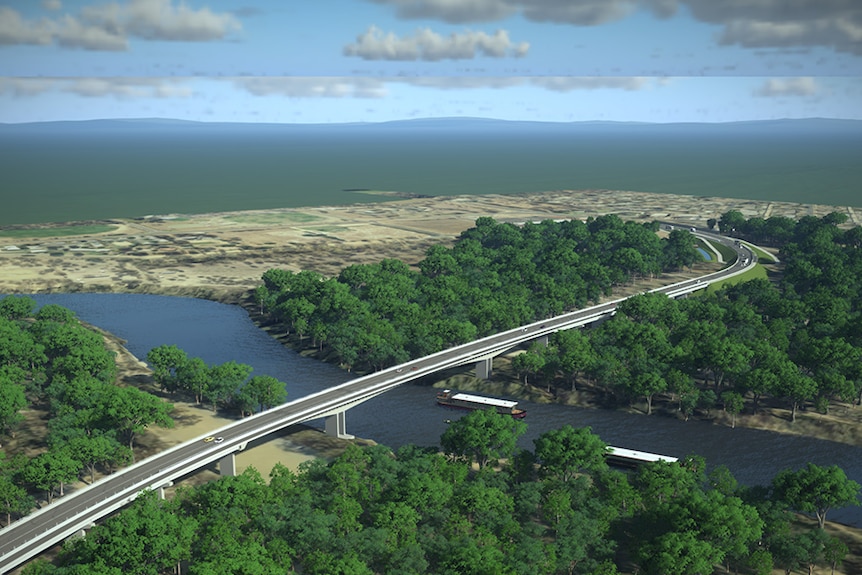 Bird's eye view of the newly constructed road and bridge connecting the towns of Echuca and Moama