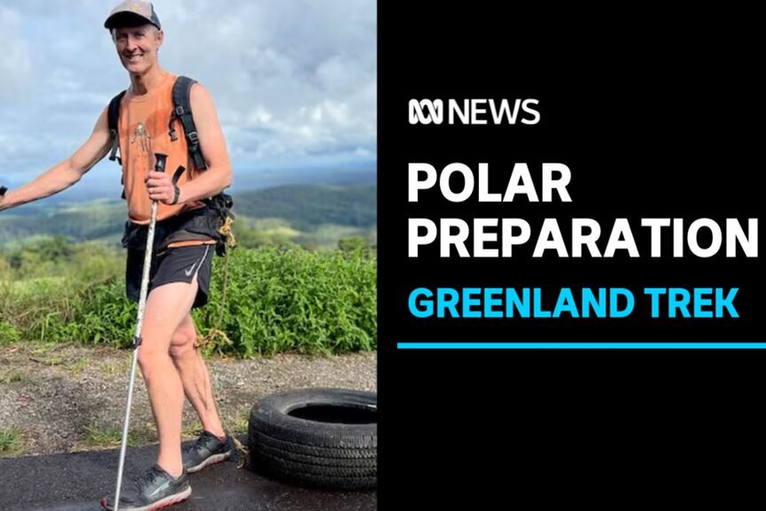 Polar Preparation, Greenland Trek: A in athletic wear poses holding hiking poles.