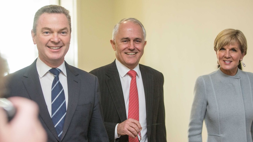 Christopher Pyne, Malcolm Turnbull and Julie Bishop smile as they arrive for the Liberal Party meeting.