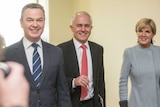 Christopher Pyne, Malcolm Turnbull and Julie Bishop smile as they arrive for the Liberal Party meeting.