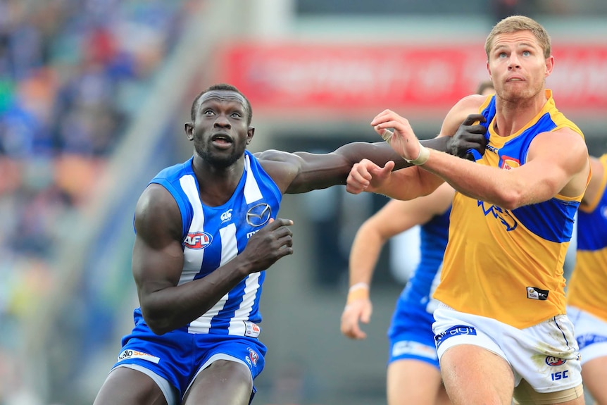 Majak Daw (L) and Nathan Vardy await a throw in in the Kangaroos versus Eagles match in Hobart.