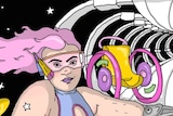 An illustration of a woman with cyborg arm sitting in space, a wheelchair and portal in the background