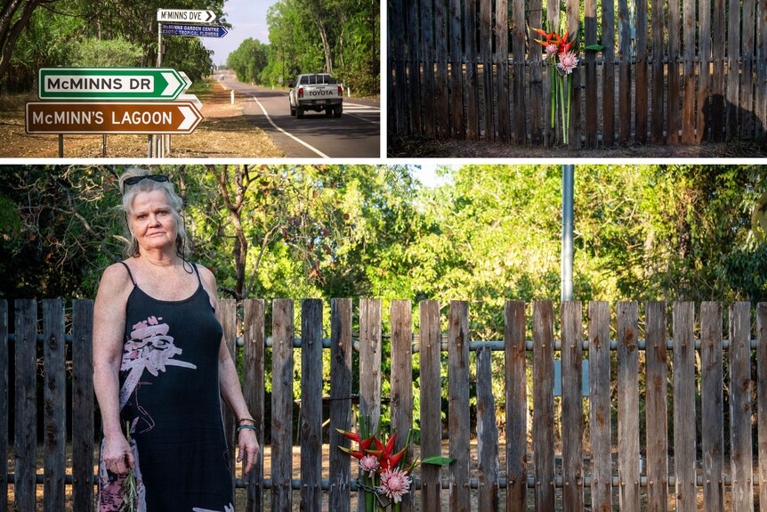 A grid with a woman standing by a fence with a bunch of flowers, the flowers and street signs.