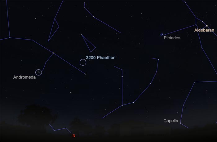 Sky map showing position of Phaethon at its brightest as seen from latitudes above Brisbane on December 15