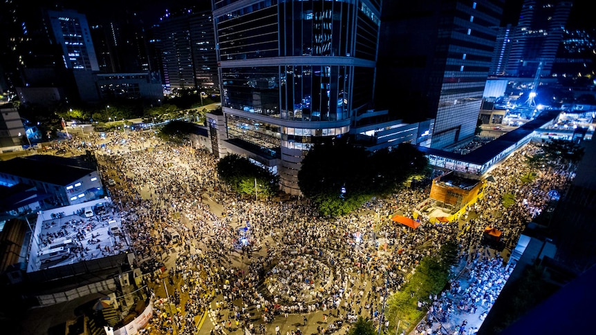 Protesters gather during a demonstration outside headquarters of the Legislative Counsel on 28 September 2014 in Hong Kong.