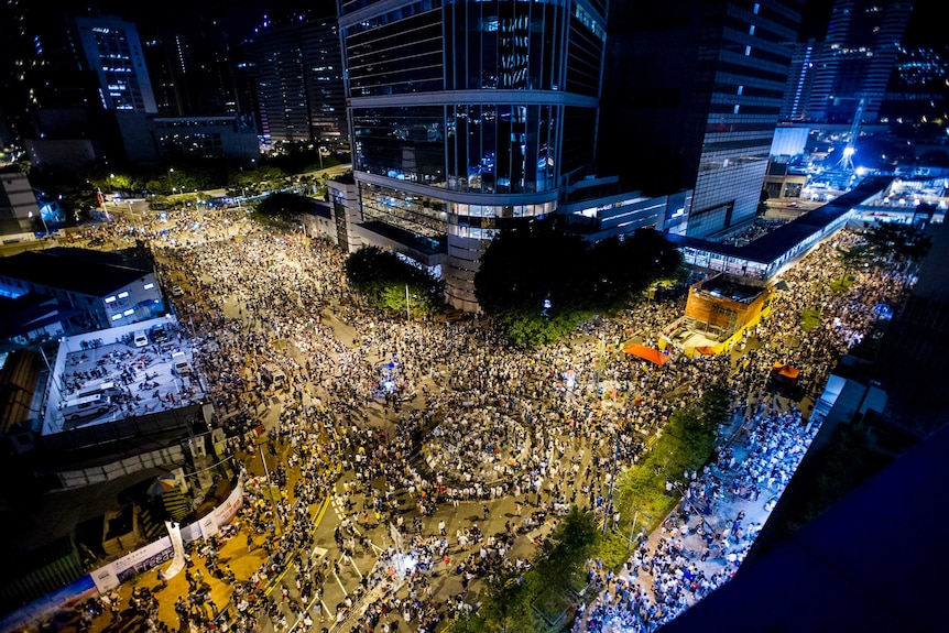 Protesters gather during a demonstration outside headquarters of the Legislative Counsel on 28 September 2014 in Hong Kong.