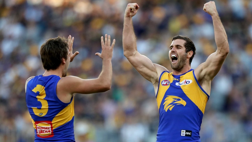 Jack Darling of the Eagles celebrates kicking a goal against Richmond in Perth.