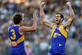 Jack Darling of the Eagles celebrates kicking a goal against Richmond in Perth.