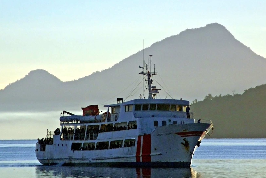 Passenger ferry Rabaul Queen arrives at Kimbe Port, Papua New Guinea