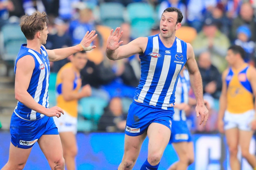 Todd Goldstein gives a high five as he celebrates a goal for the Kangaroos against the Eagles.