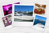 A composite image showing a boat on Sydney Harbour, a plate of prawns, a dancer and the interior of a nightclub.