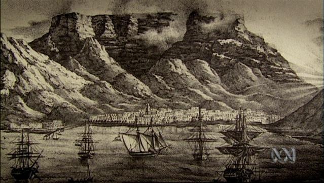 Artistic print shows tall ships anchored in bay, Cape of Good Hope in background