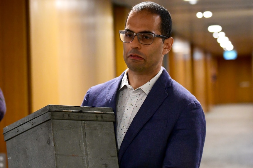NSW Labor MP Daniel Mookhey holding the ballot before the count on Saturday.