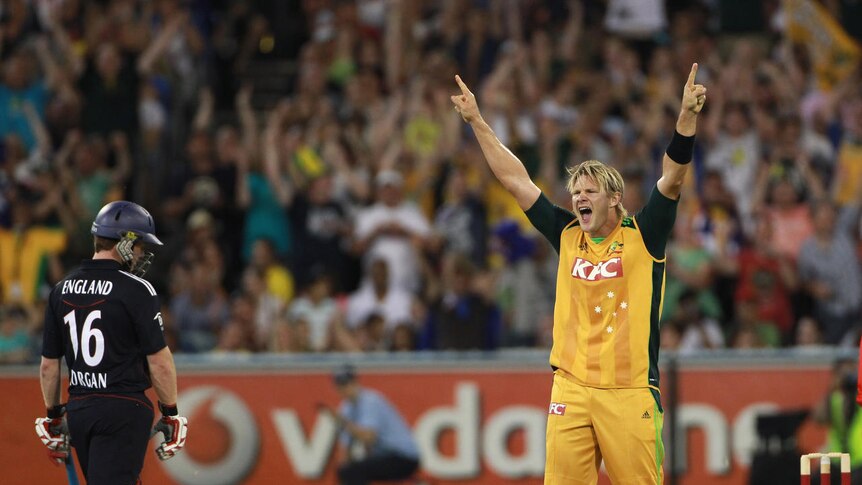 Gotcha ... Shane Watson, who starred in the loss on Wednesday night, celebrates the dismissal of Steven Davies.