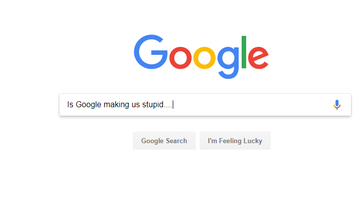 A snip of the Google search engine main search screen with 'is Google making us stupid' in the search field.