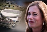 Composite image of Rebecca White and proposed Hobart stadium.