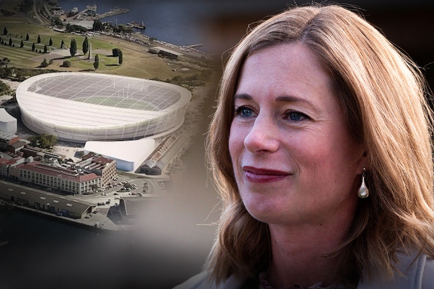 Composite image of Rebecca White and proposed Hobart stadium.
