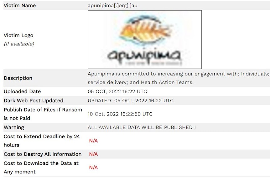 A screen capture of an online post listing a deadline for a ransom and showing the Apunipima logo.