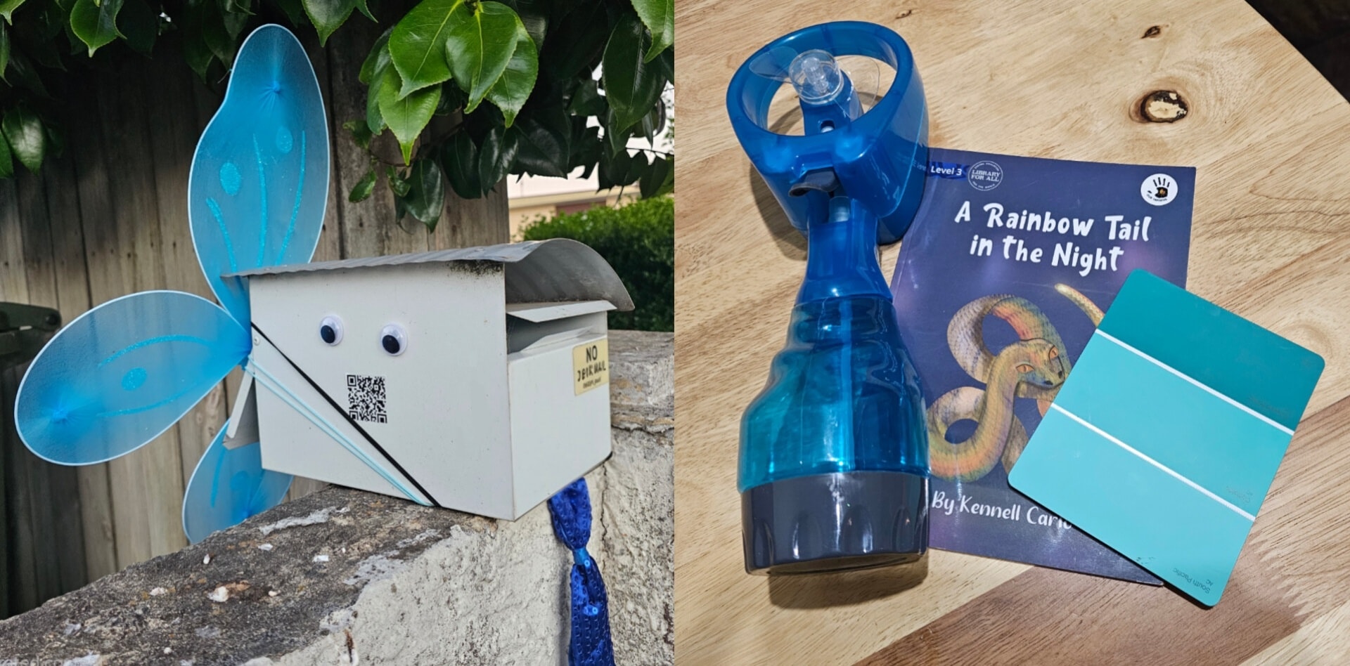 Un buzón con alas de mariposa, así como un abanico eléctrico azul, un libro y una tarjeta de muestra de colores.