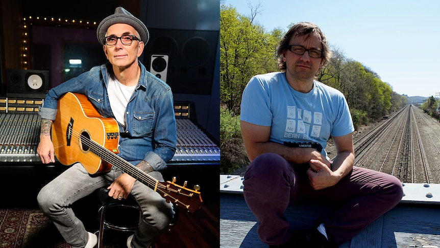 composite image featuring a man in a hat in a recording studio and a man sitting on a roof