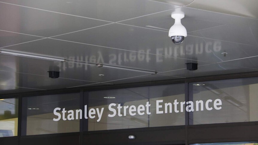 Stanley Street entrance of Queensland Children's Hospital at South Brisbane, with security camera in shot.