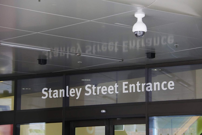 Stanley Street entrance of Queensland Children's Hospital at South Brisbane, with security camera in shot.