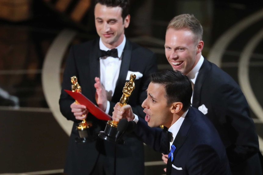 The composers of City Of Stars: Justin Hurwitz, Benj Pasek and Justin Paul