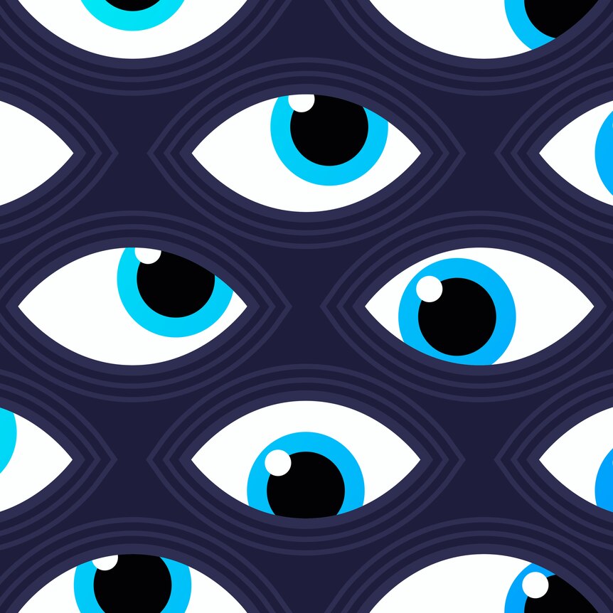 Cartoon artwork of many blue eyes looking in different directions. 