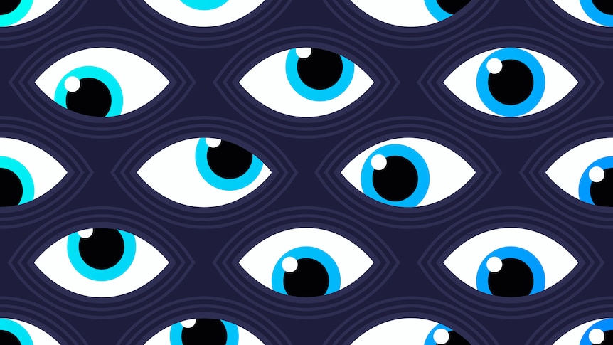 Cartoon artwork of many blue eyes looking in different directions. 