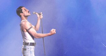 Colour still of actor Rami Malek as Freddie Mercury in 2018 film Bohemian Rhapsody.
