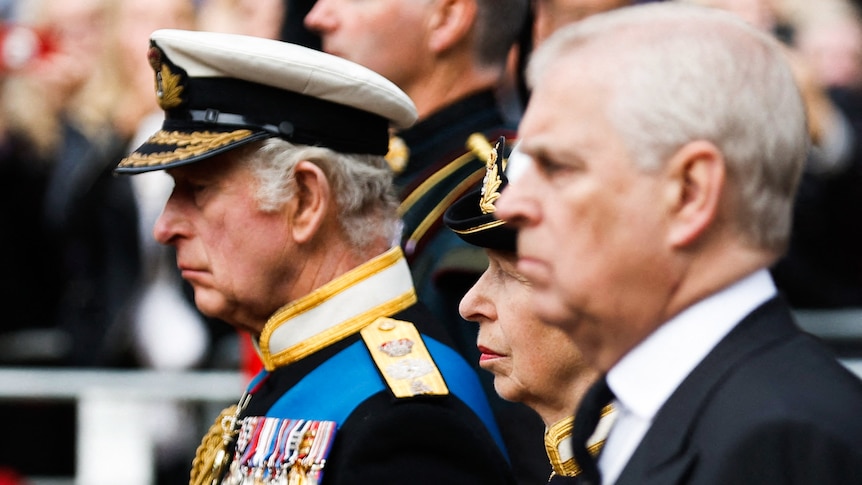 King Charles, Anne, Princess Royal and Prince Andrew stand in line as the crowd watches on.