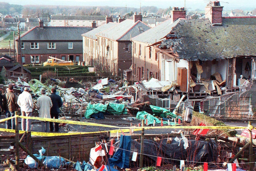 Damage caused by the explosion of a Pan Am Boeing over Lockerbie in Scotland.